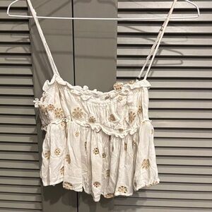 Embroidered White and Tan Summer Top